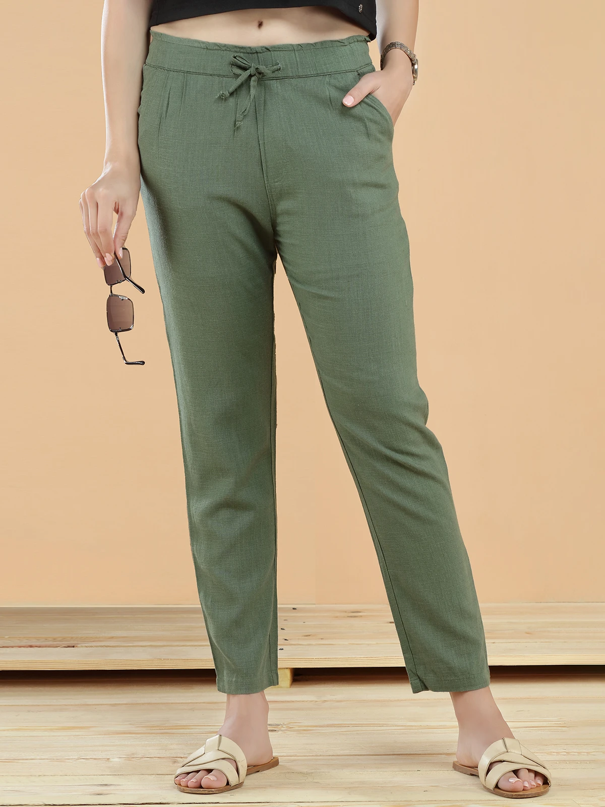 Olive Plain Linen Pant For Casual - Image 2