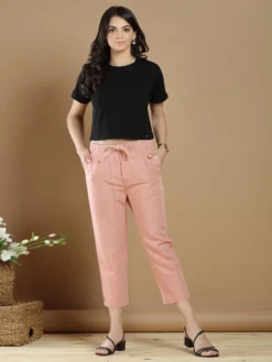 Peach Cotton Casual Wear Plain Pant