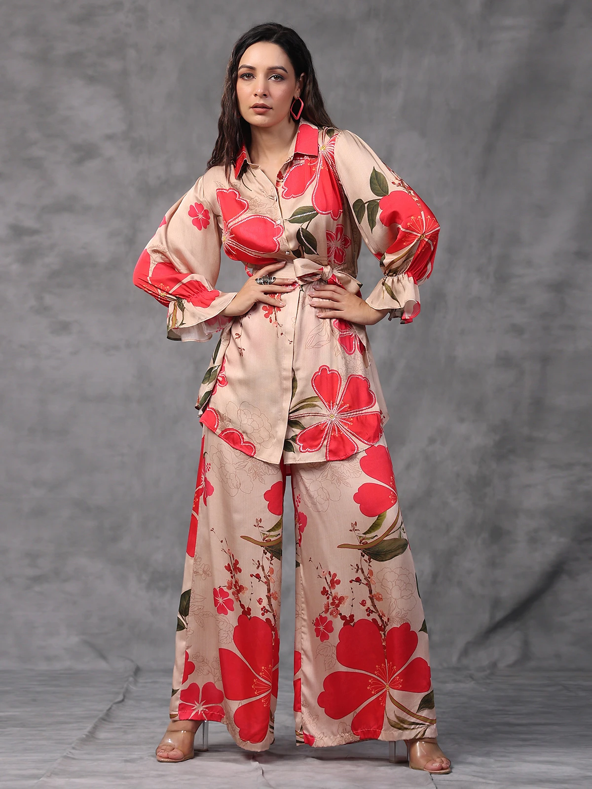 Peach Floral Printed Modal Satin Co Ord Set