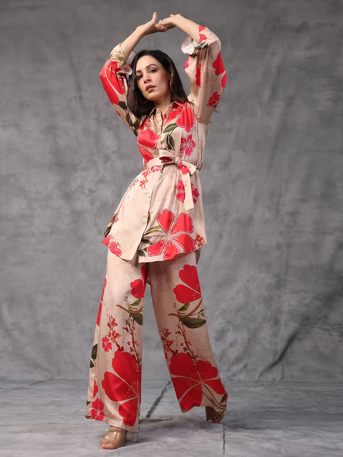 Peach Floral Printed Modal Satin Co Ord Set - Image 4