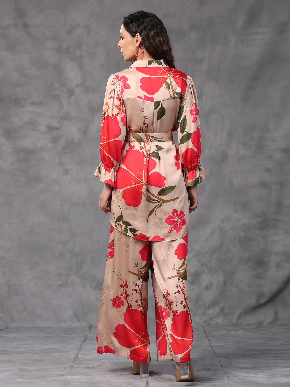 Peach Floral Printed Modal Satin Co Ord Set - Image 2