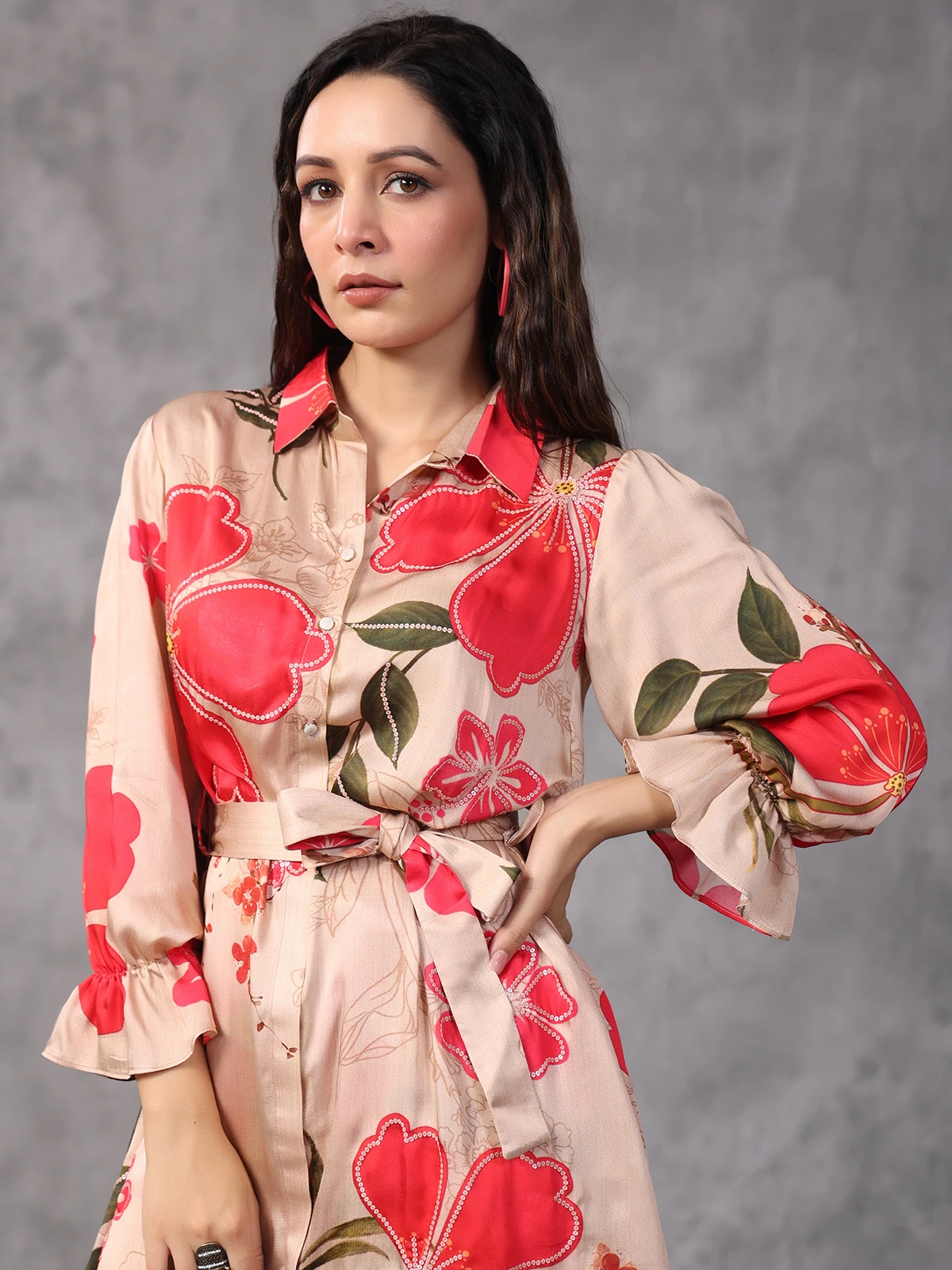 Peach Floral Printed Modal Satin Co Ord Set - Image 3