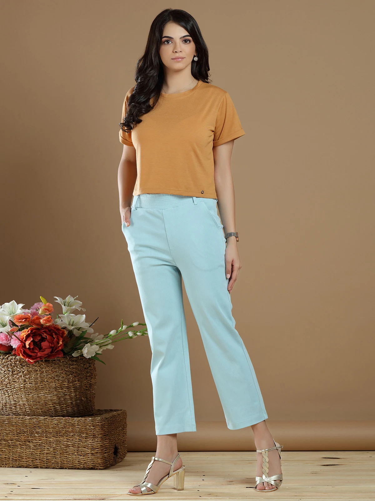 Powder Blue Cotton Casual Look Plain Pant - Image 2