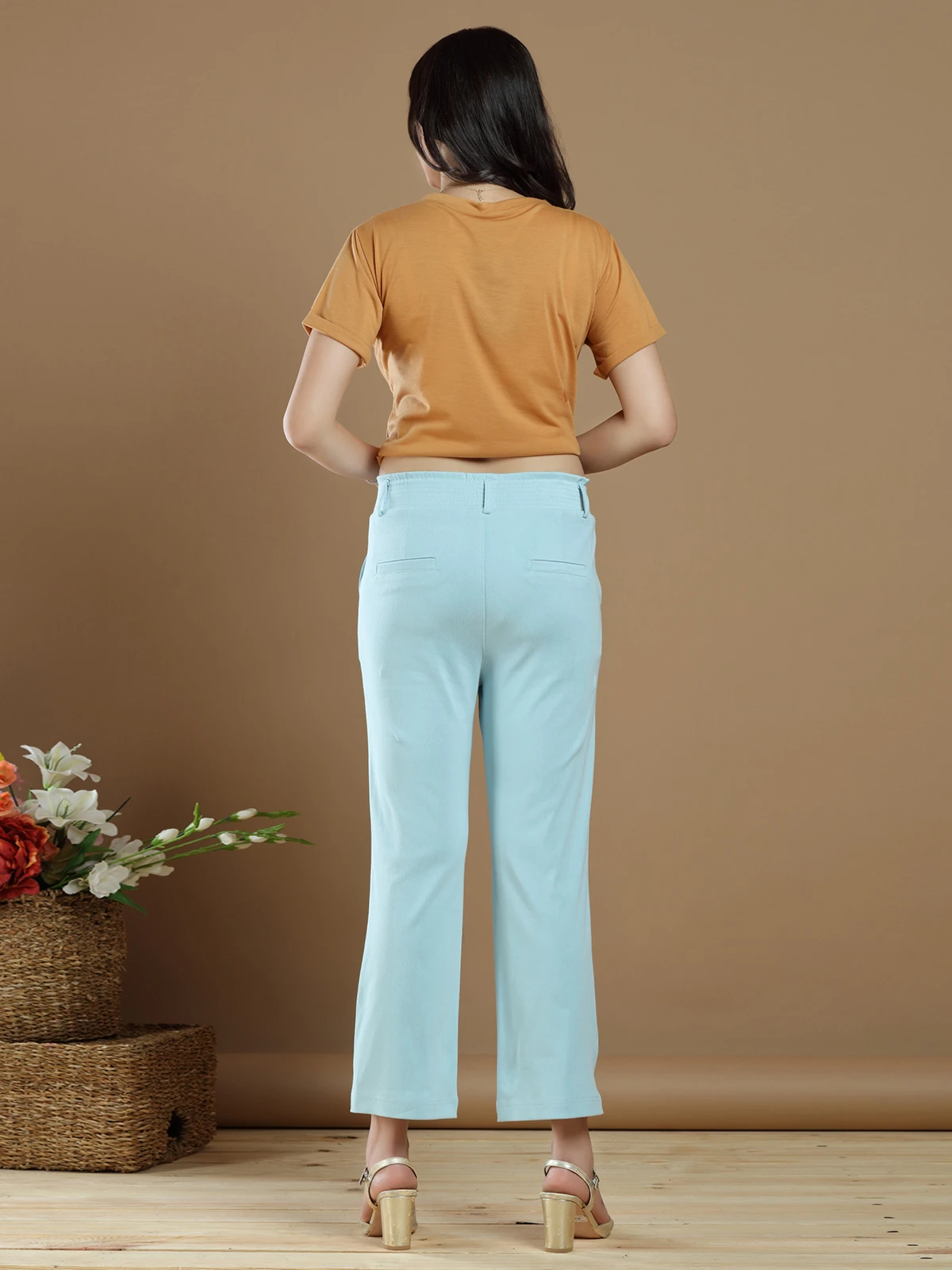 Powder Blue Cotton Casual Look Plain Pant - Image 5