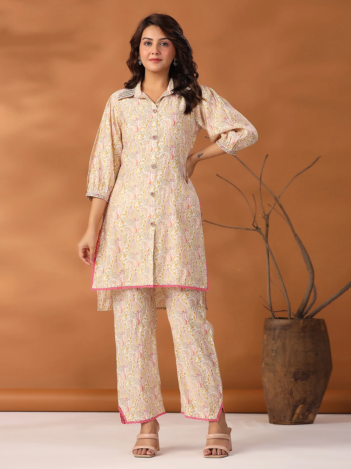 Printed Cotton Co Ord Set In Cream 4 Printed Cotton Co Ord Set In Cream - Image 4