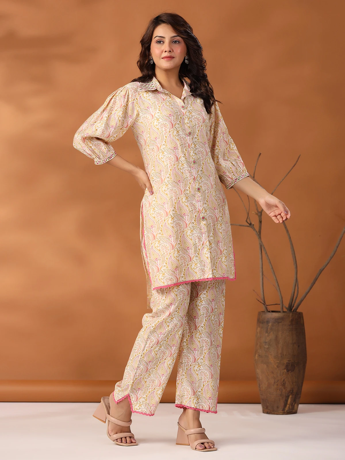 Printed Cotton Co Ord Set In Cream 5 Printed Cotton Co Ord Set In Cream - Image 5