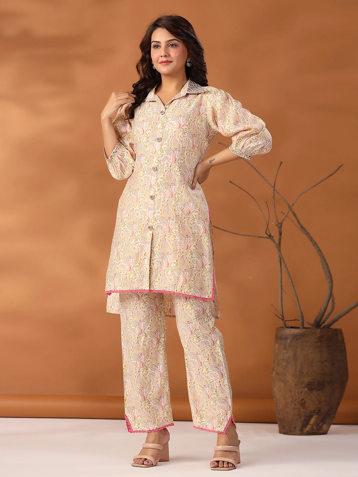 Printed Cotton Co Ord Set In Cream 2 Printed Cotton Co Ord Set In Cream - Image 2