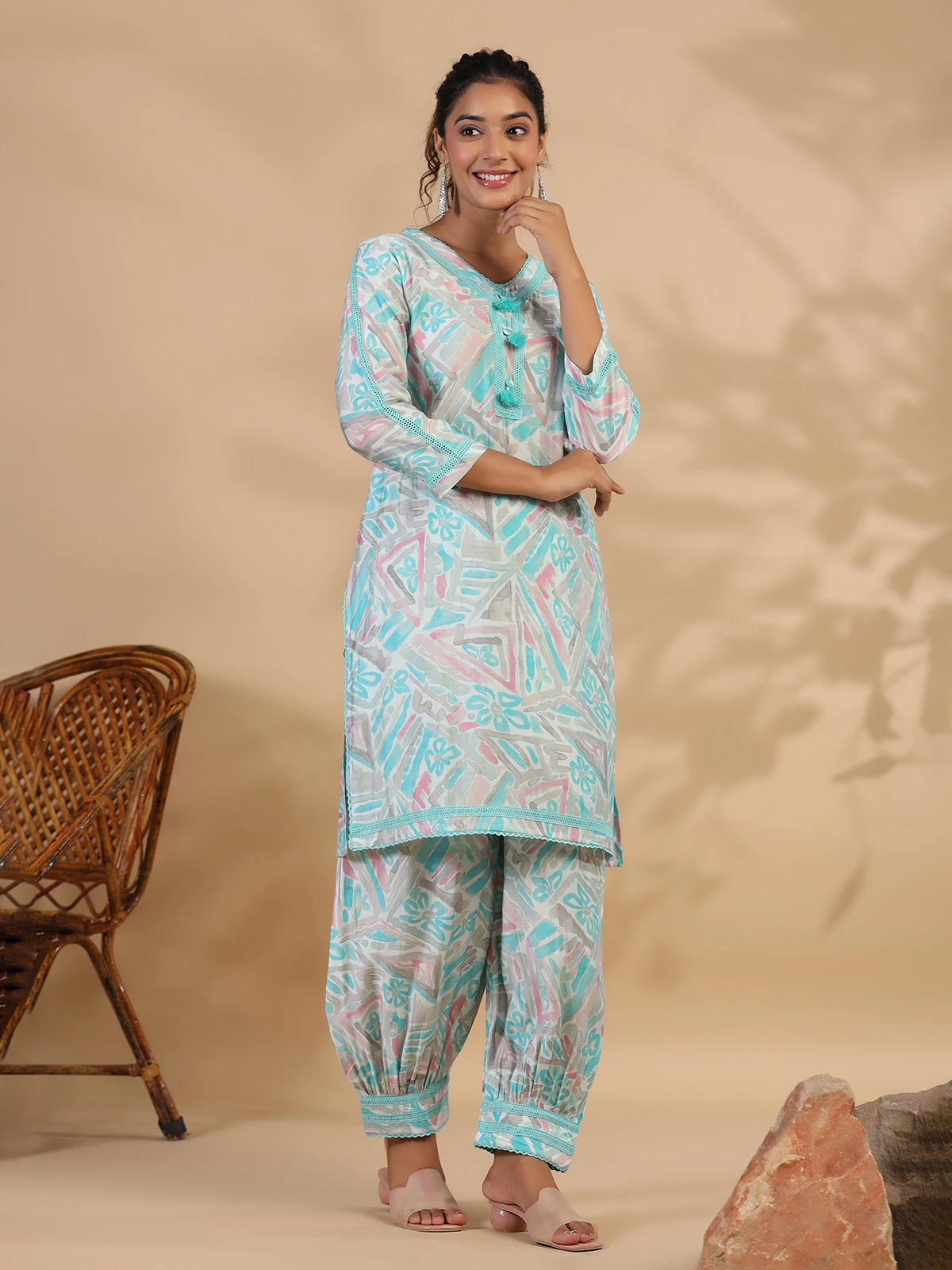 Sea Green Cotton Printed Casual Co Ord Set - Image 3