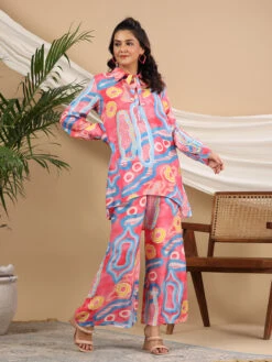 Silk Printed Co Ord Set In Pink