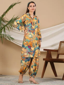 Silk Yellow Printed Casual Co Ord Set -Saree Luxe Shop silk yellow printed casual co ord set 1690888255as2718659 3