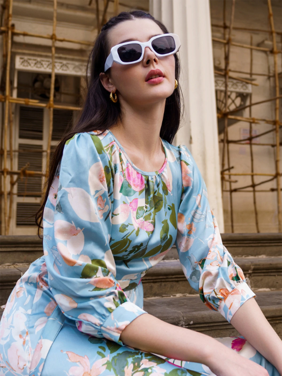 Sky Blue Polyester Printed Dress 1 Sky Blue Polyester Printed Dress