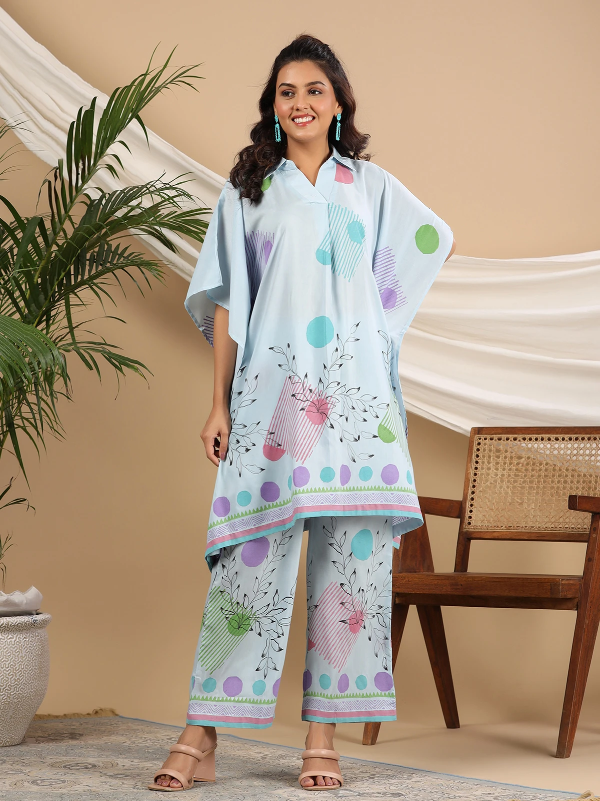 Sky Blue Printed Co Ord Set In Silk