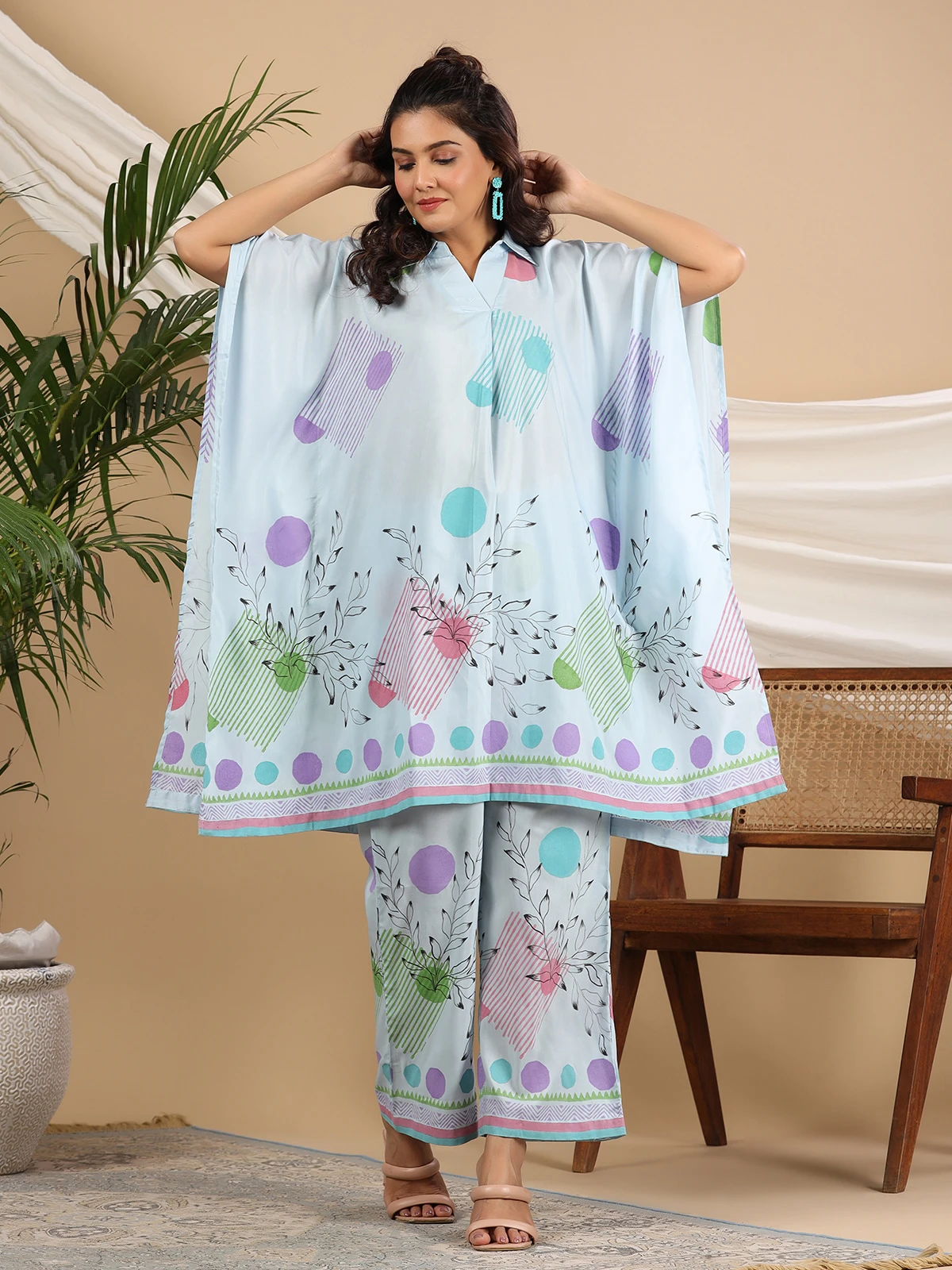 Sky Blue Printed Co Ord Set In Silk - Image 4