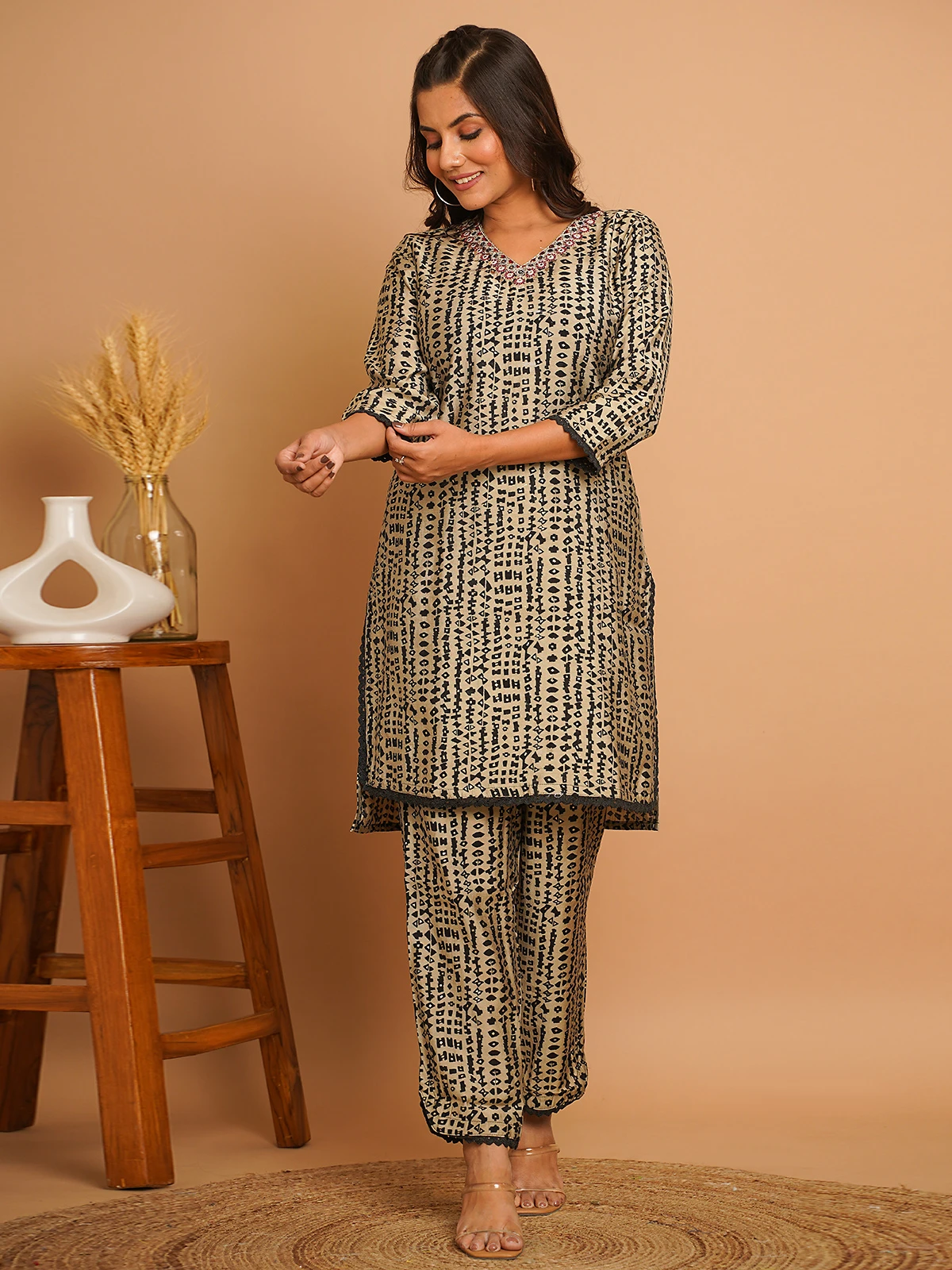 Stylish Beige Silk Co Ord Set 2 Stylish Beige Silk Co Ord Set - Image 2