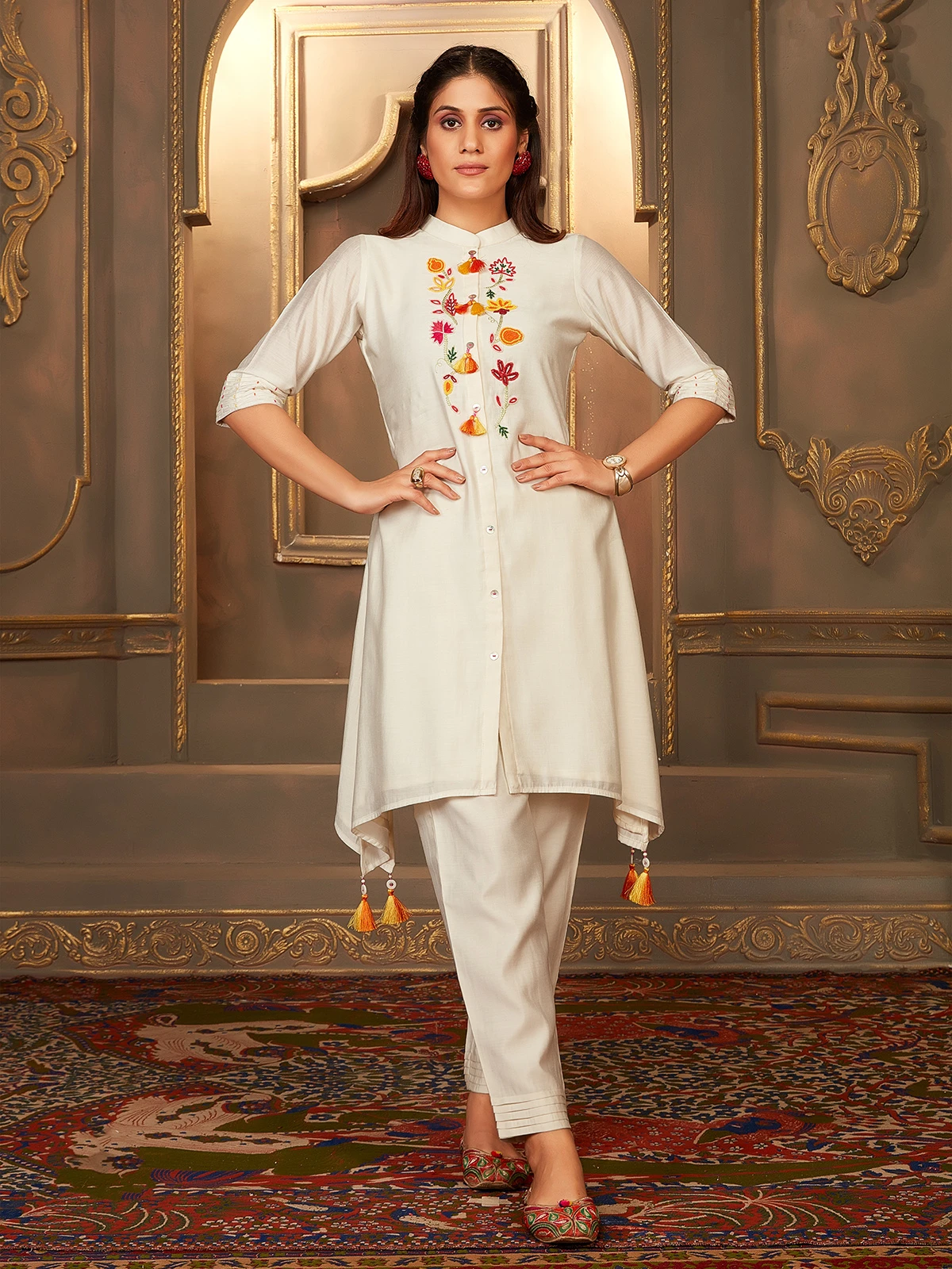 Stylish Cream Modal Silk Co Ord Set - Image 2
