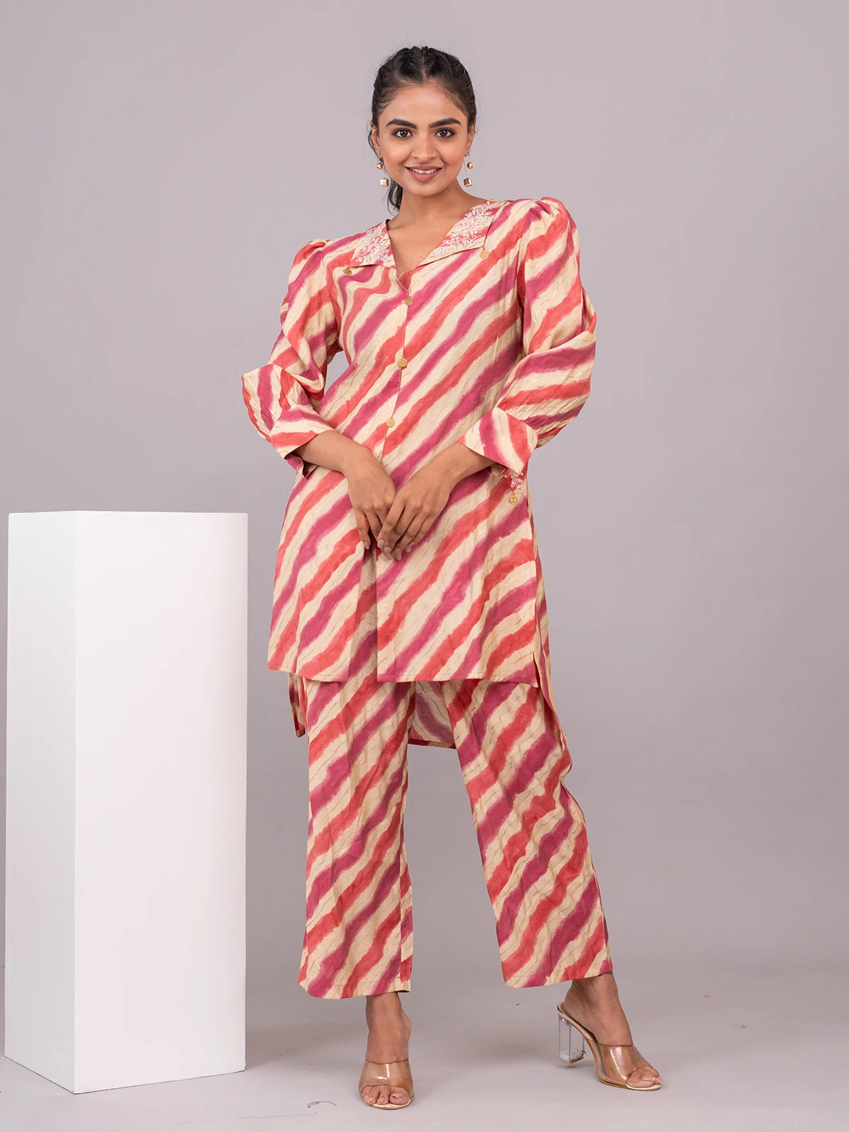 Stylish Orange And Pink Stripe Co Ord Set - Image 5