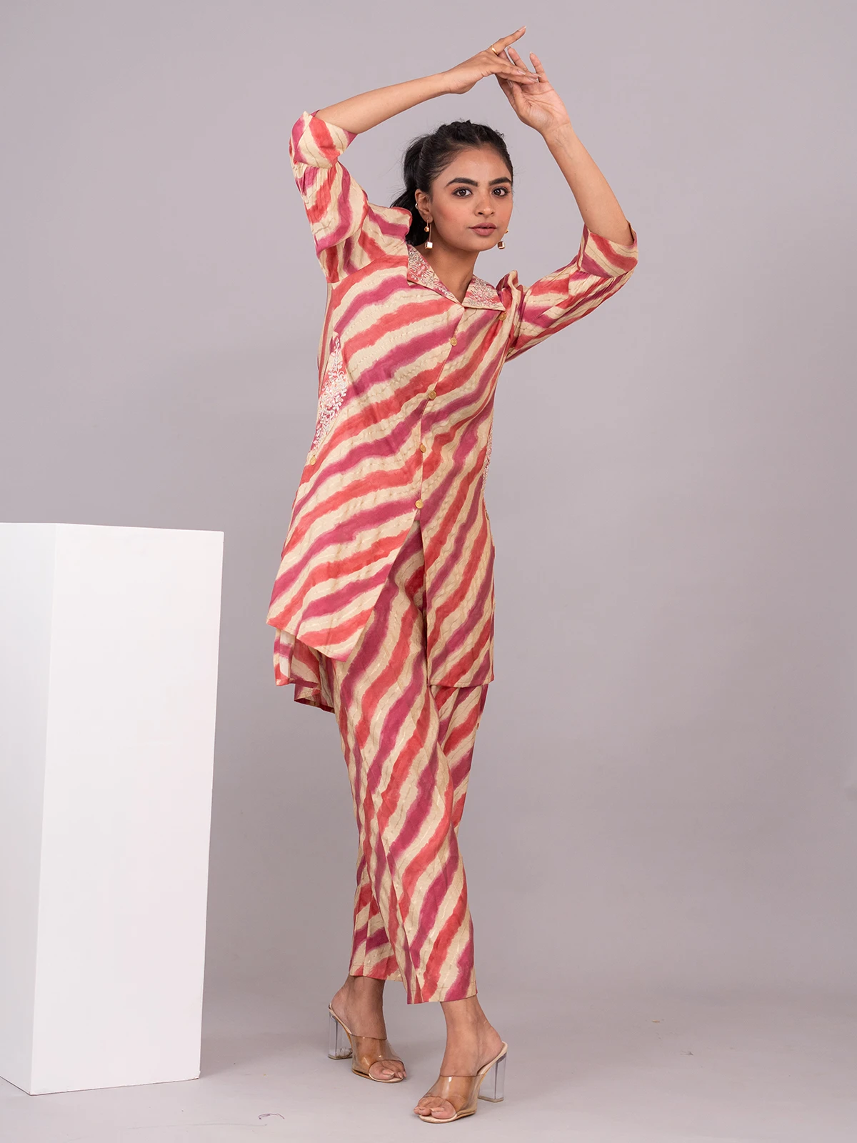 Stylish Orange And Pink Stripe Co Ord Set