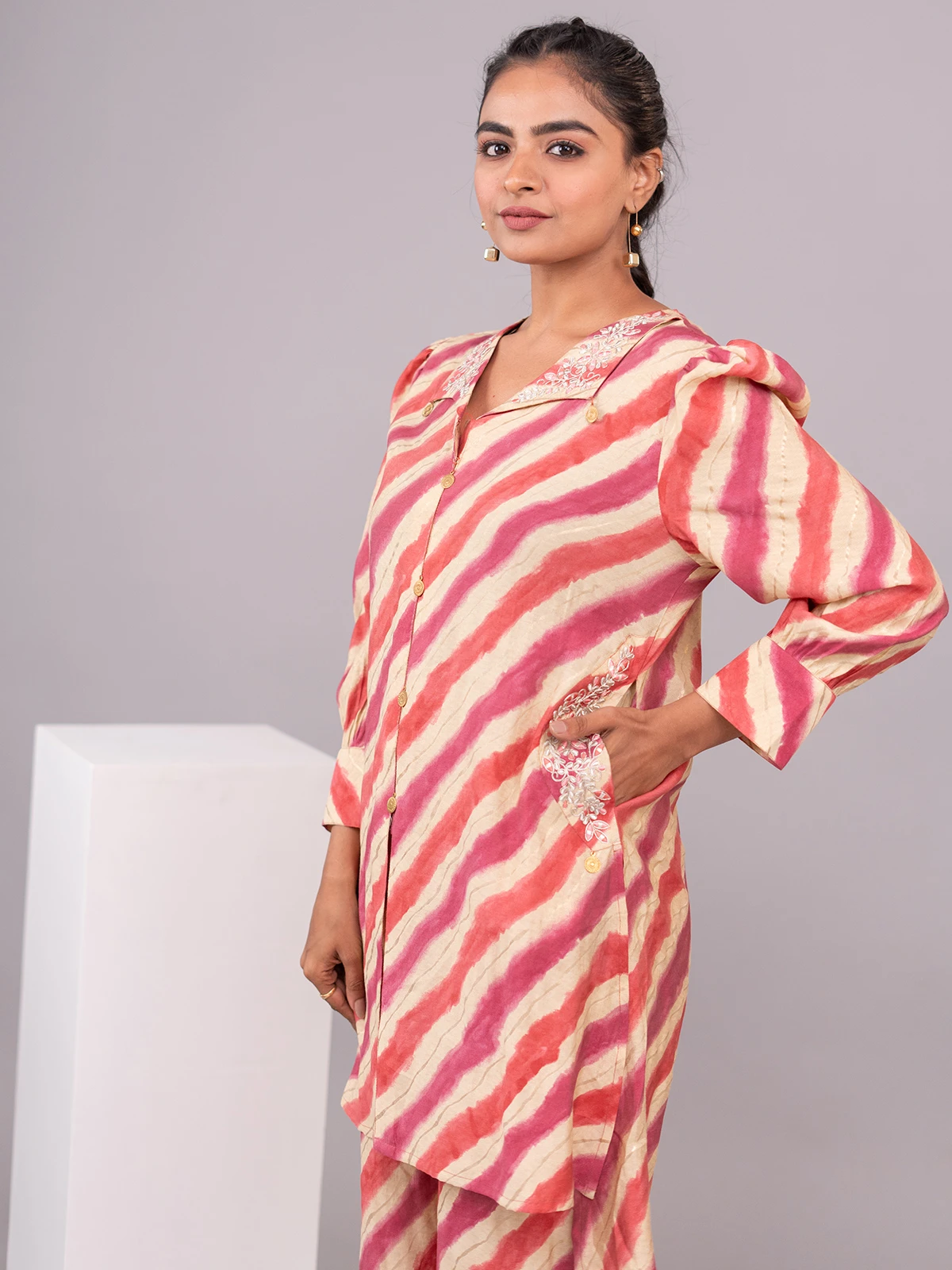 Stylish Orange And Pink Stripe Co Ord Set - Image 2