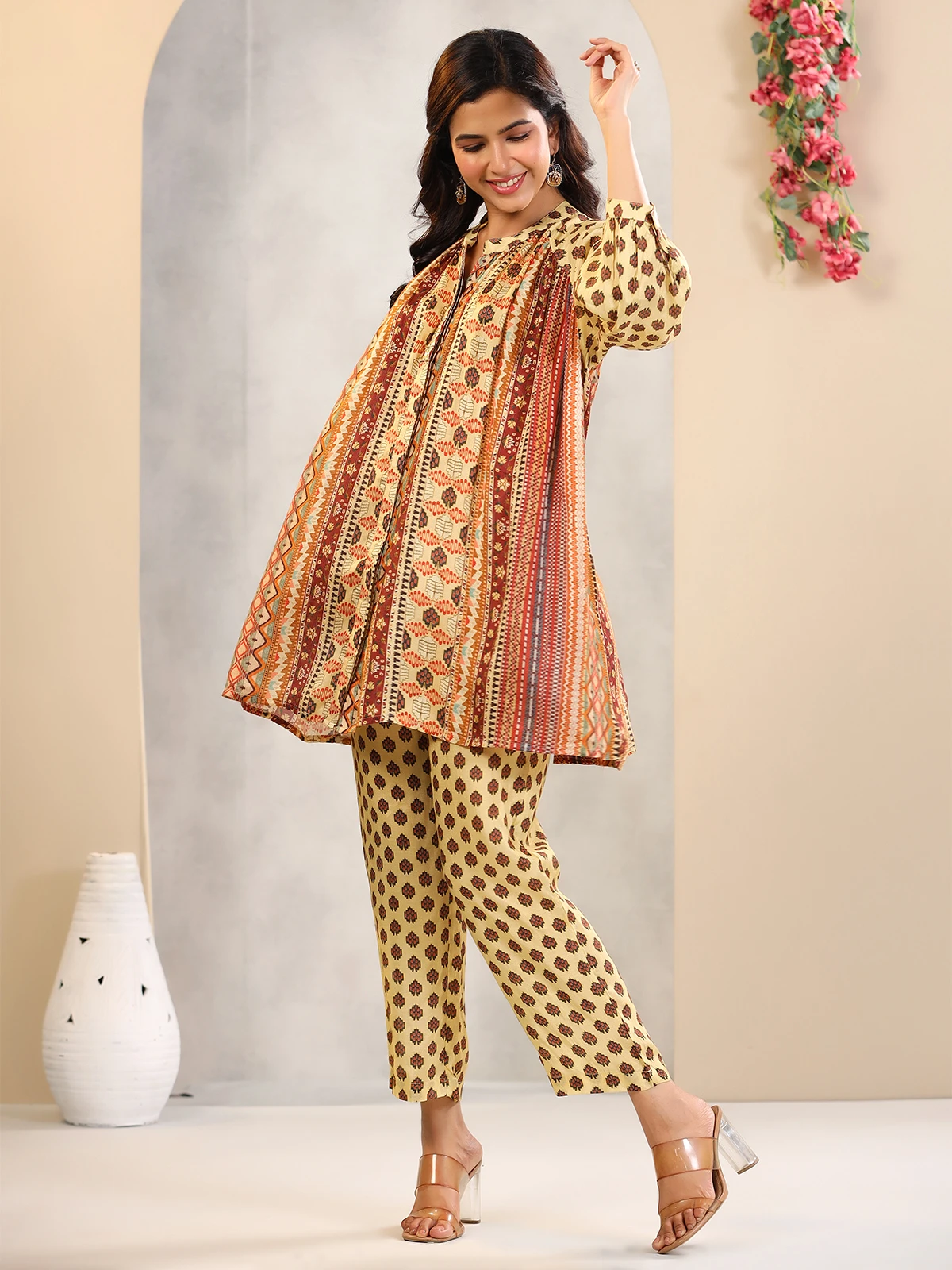 Trendy Silk Printed Co Ord Set In Yellow 4 Trendy Silk Printed Co Ord Set In Yellow - Image 4