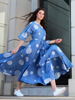 W Blue Cotton Polka Printed Dress
