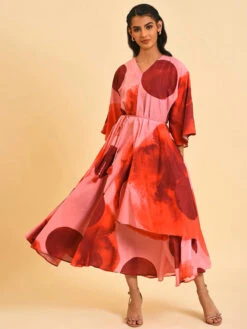 W Red And Pink Cotton Printed Dress