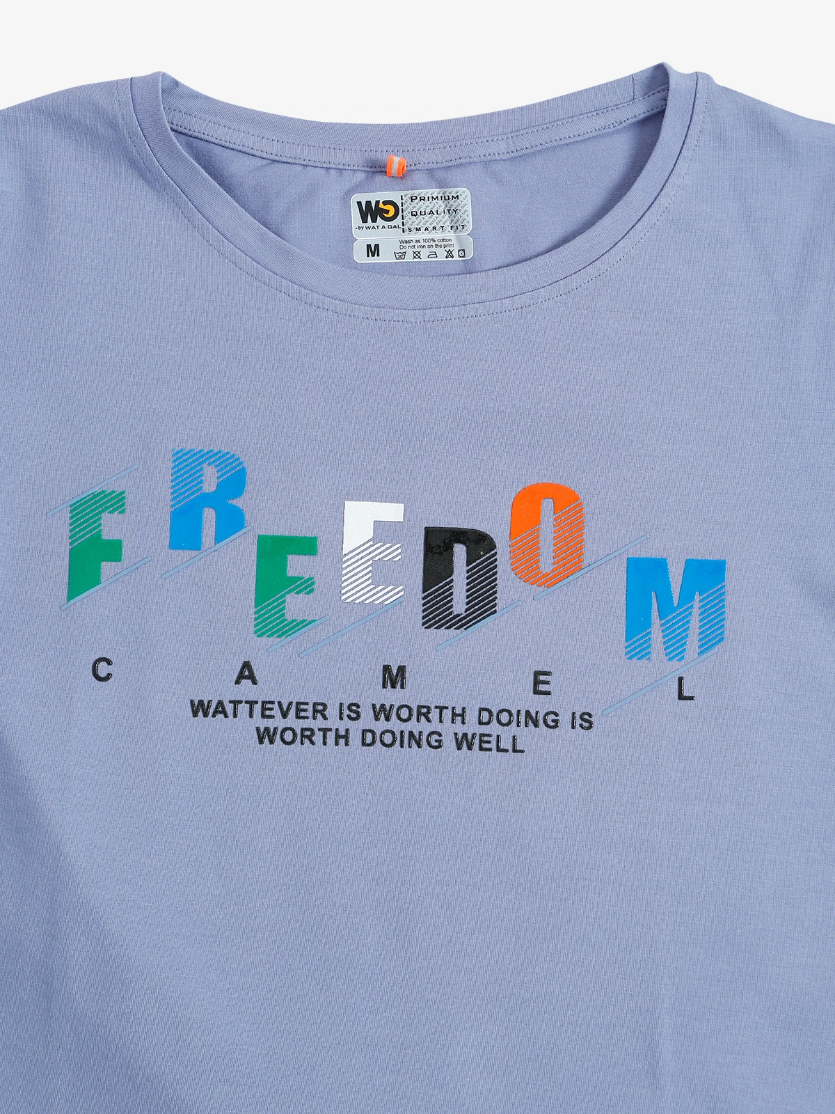 Wat A Gal Stone Blue Printed Cotton T Shirt