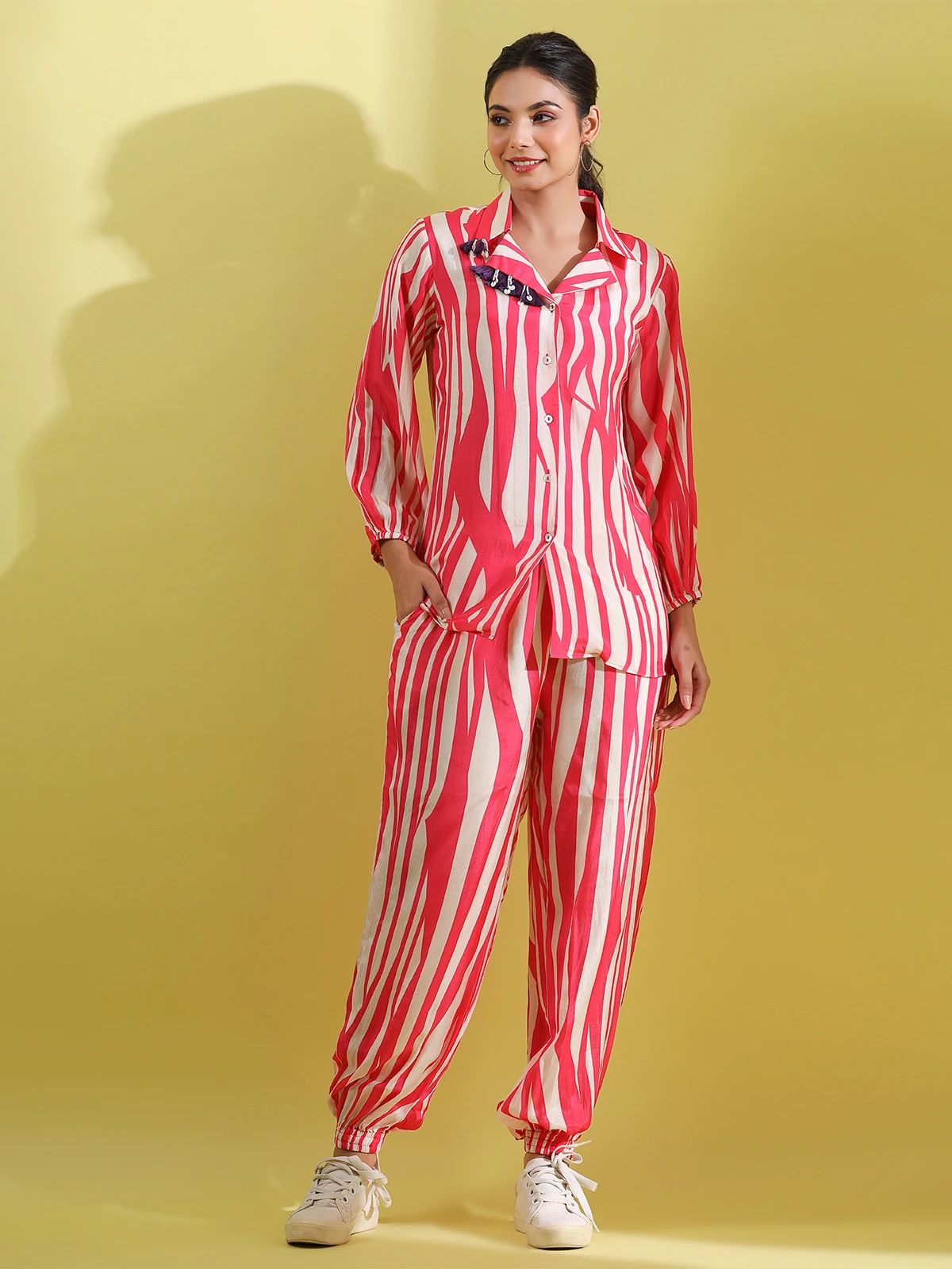 White And Pink Stripe Crepe Co Ord Set 2 White And Pink Stripe Crepe Co Ord Set - Image 2