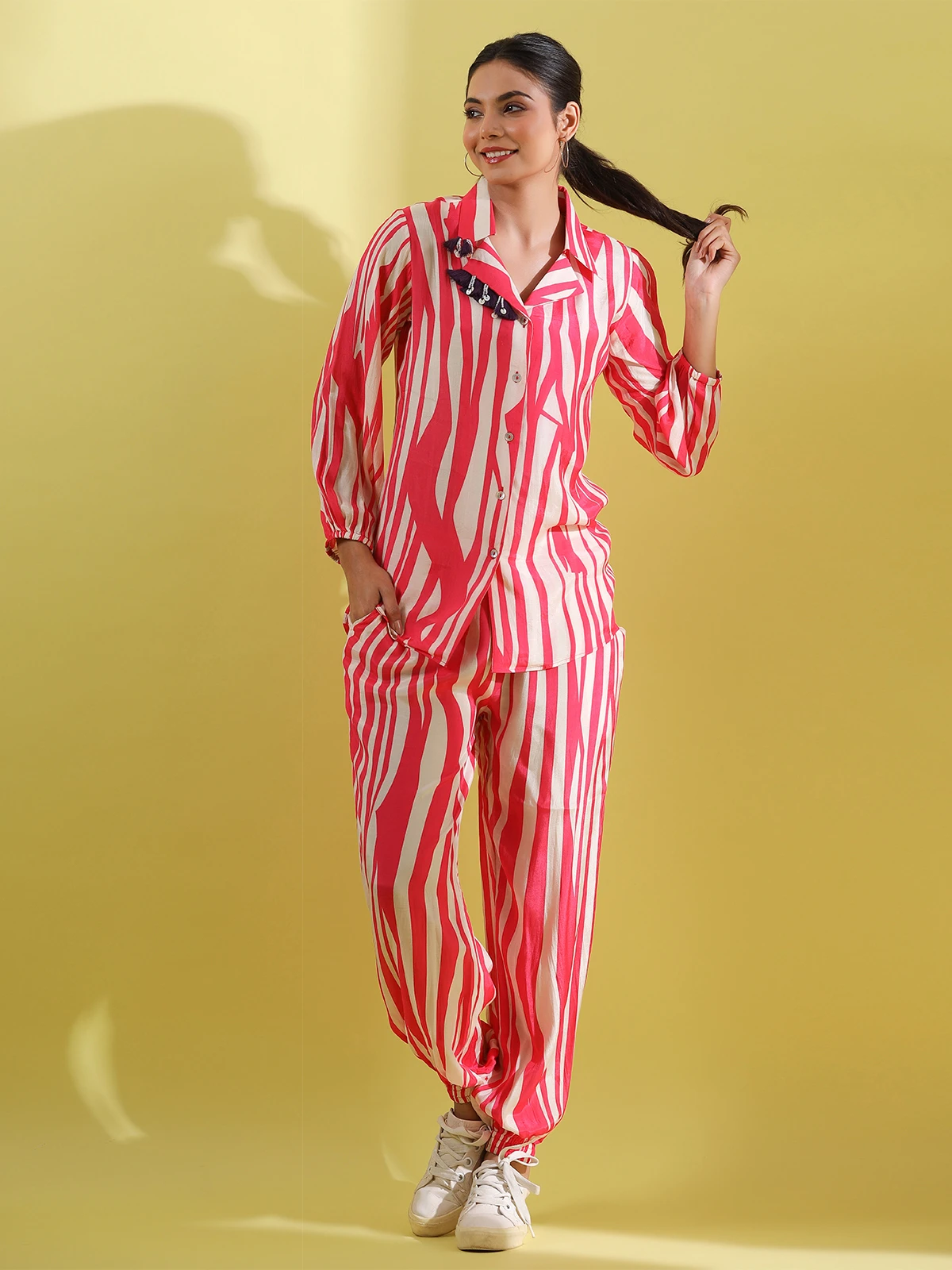 White And Pink Stripe Crepe Co Ord Set 1 White And Pink Stripe Crepe Co Ord Set