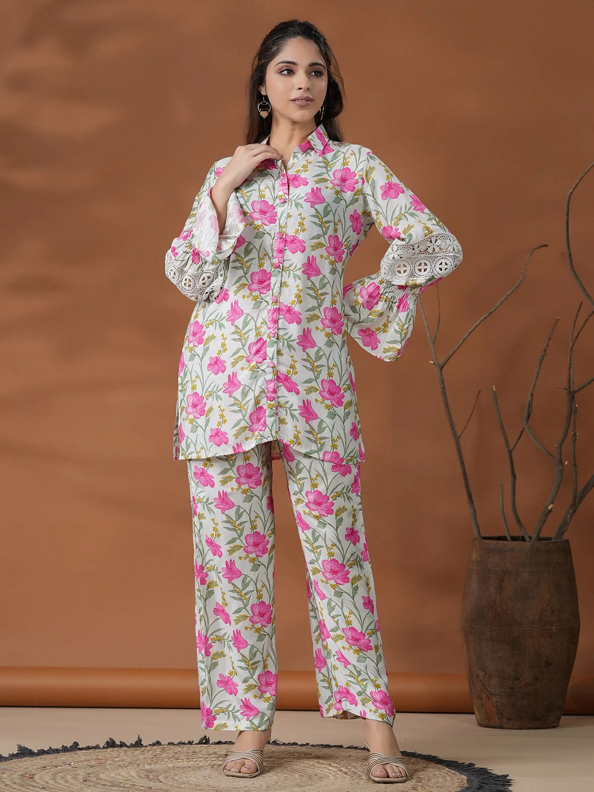 White Modal Silk Floral Printed Co Ord Set