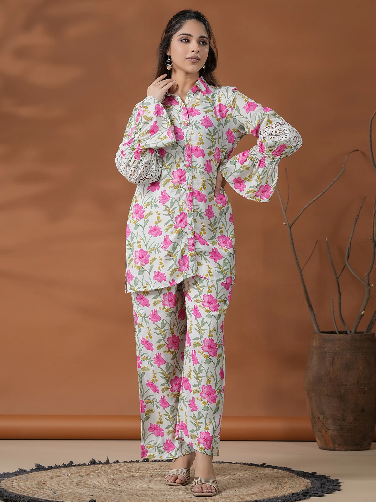 White Modal Silk Floral Printed Co Ord Set - Image 4