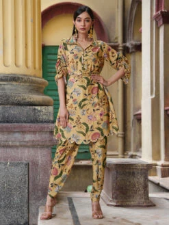 Yellow Muslin Printed Co Ord Set -Saree Luxe Shop yellow muslin printed co ord set 1697260175jk 332 1